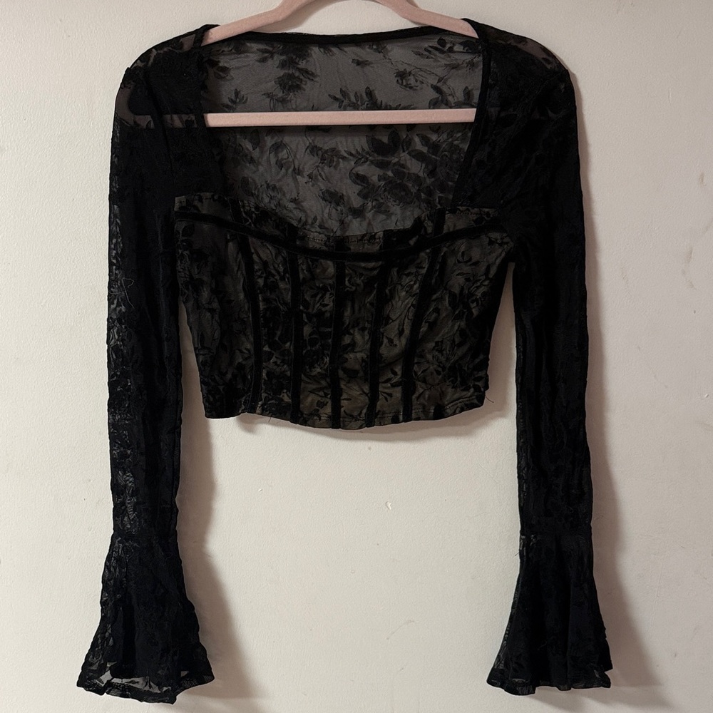 Black Lace Long Sleeve Crop Top